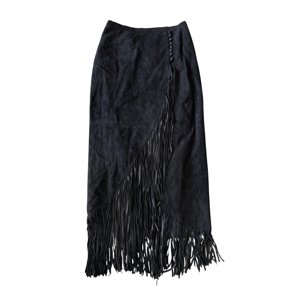 Vintage Melanzona Black Suede Fringe Wrap Maxi Skirt Sz 12 Western Boho Chic